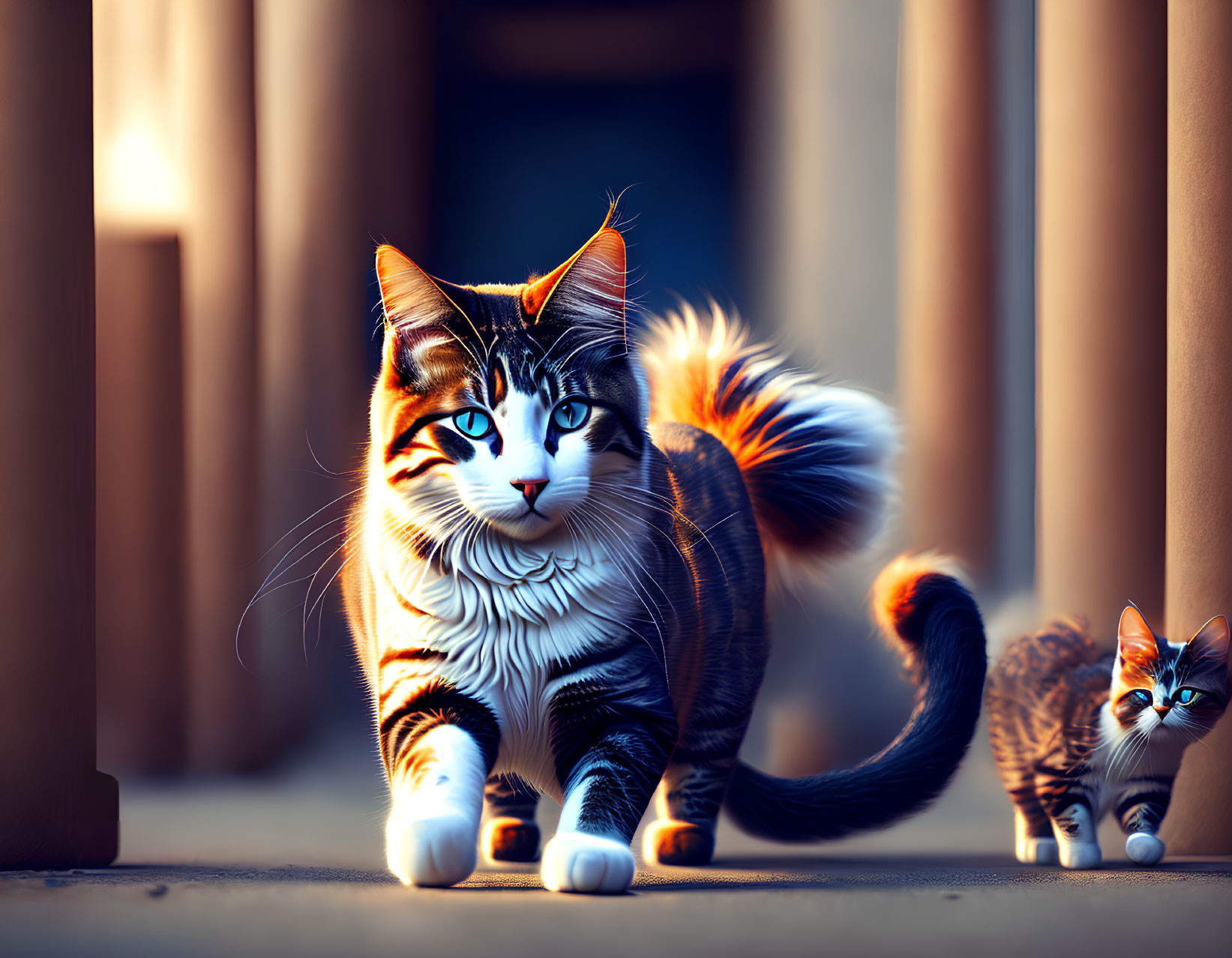 Two Striped Cats with Blue Eyes Walking in Hallway with Columns