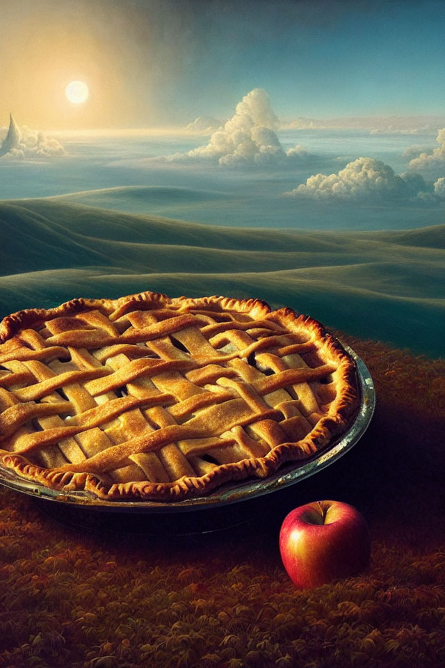 Apple Pie with Lattice Crust on Sunset Landscape