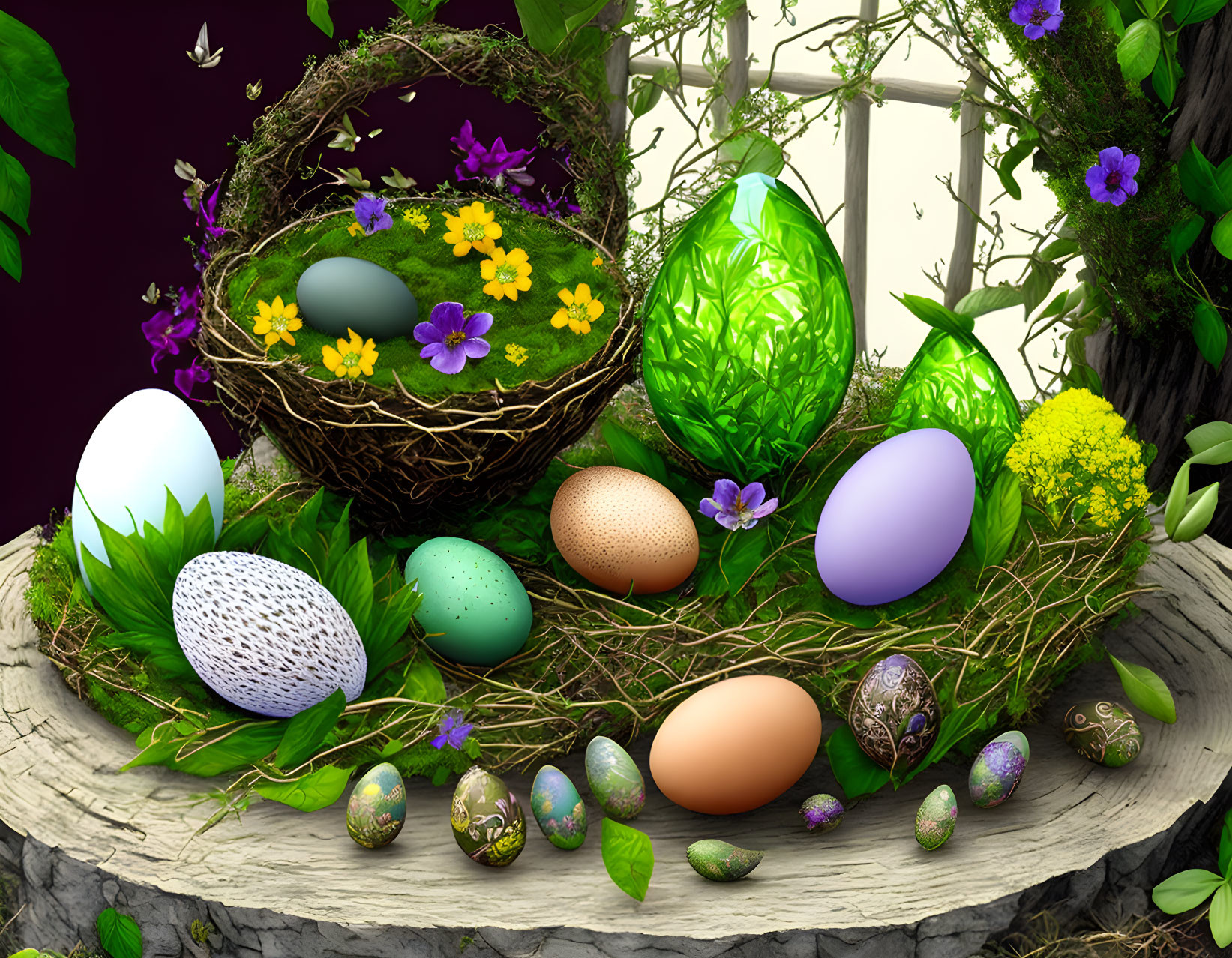 Ostara Altar: flowers, nests and eggs, sprouts