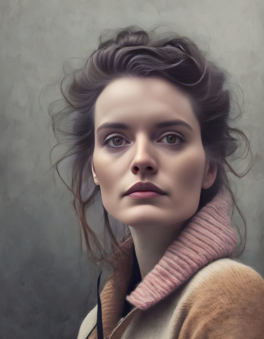 Portrait of Woman with Tousled Hair in Pink Turtleneck and Beige Coat