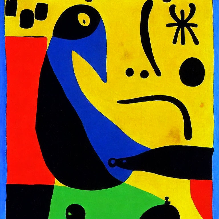 Vibrant abstract painting with bold colors and simplistic facial features and symbols