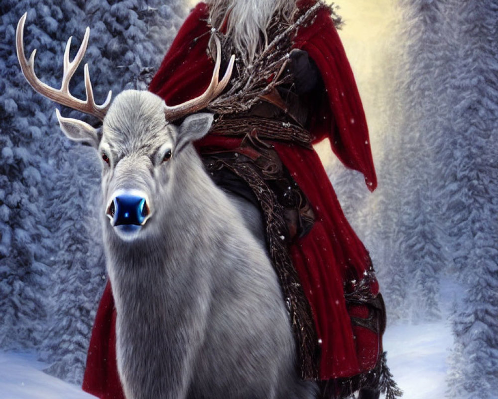 Bearded man in red cloak with reindeer in snowy forest
