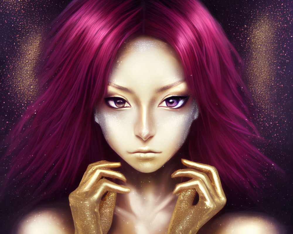 Digital artwork: Mysterious figure with pink hair, golden eyes, and gold hands on starry backdrop