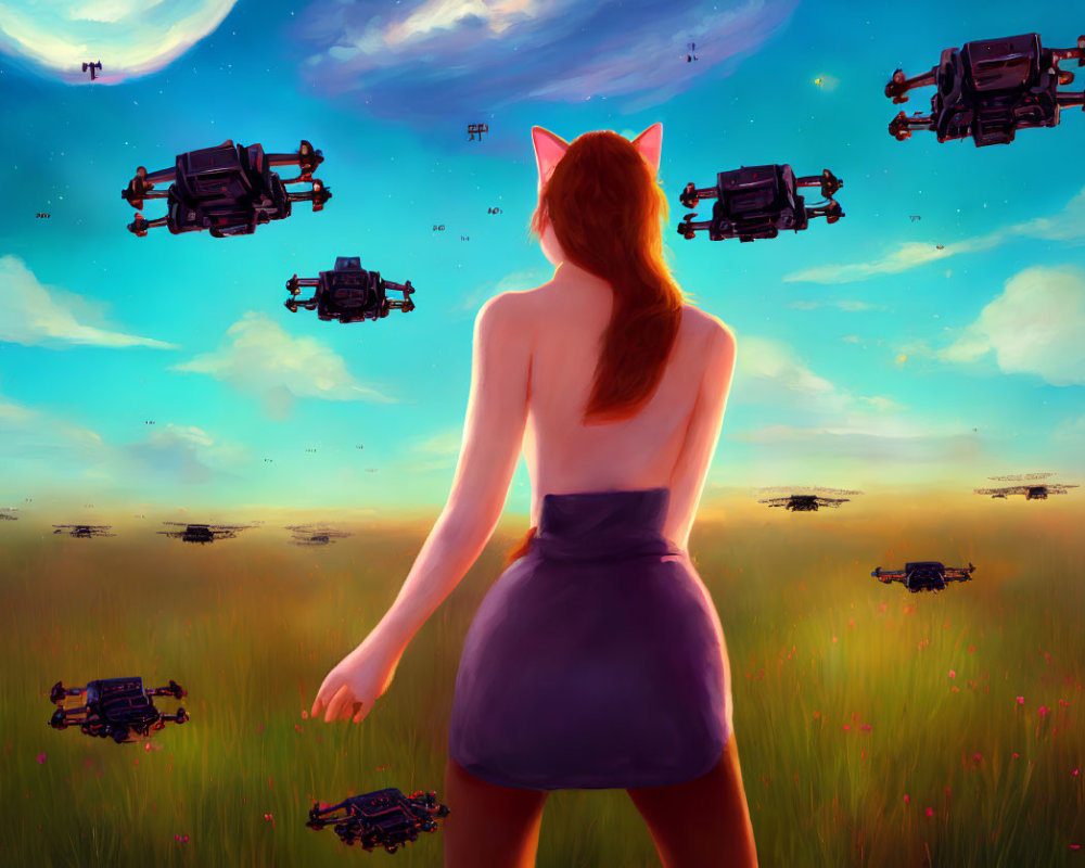 Cat-eared woman in field with flying drones and colorful twilight sky