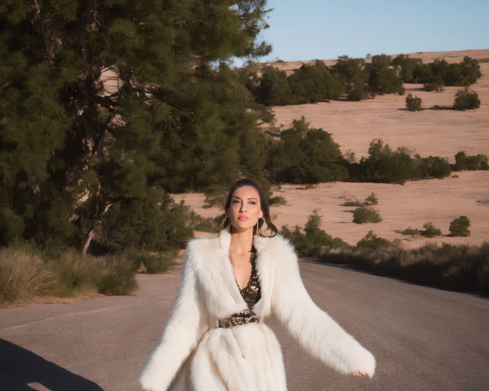 Woman in white fur coat on road with trees and sandy hills at golden hour