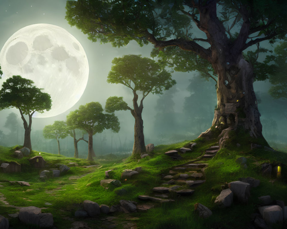 Enchanting night forest with full moon, ancient tree, stone path, lanterns, and small