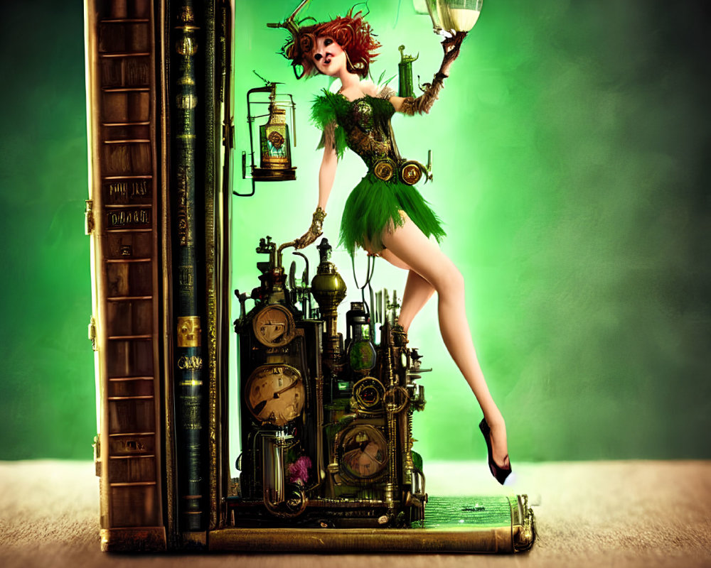 Steampunk-inspired woman balancing on clockwork machinery with books, holding absinthe glass