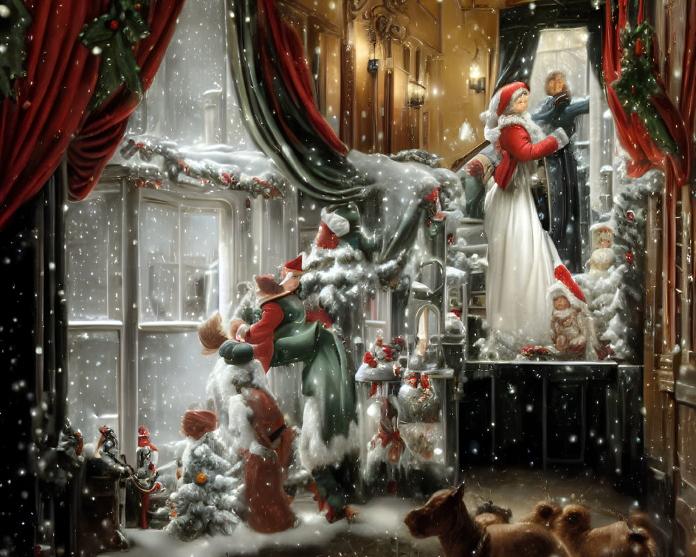 Snowy Christmas porch scene with Santa, person holding child, and happy dogs