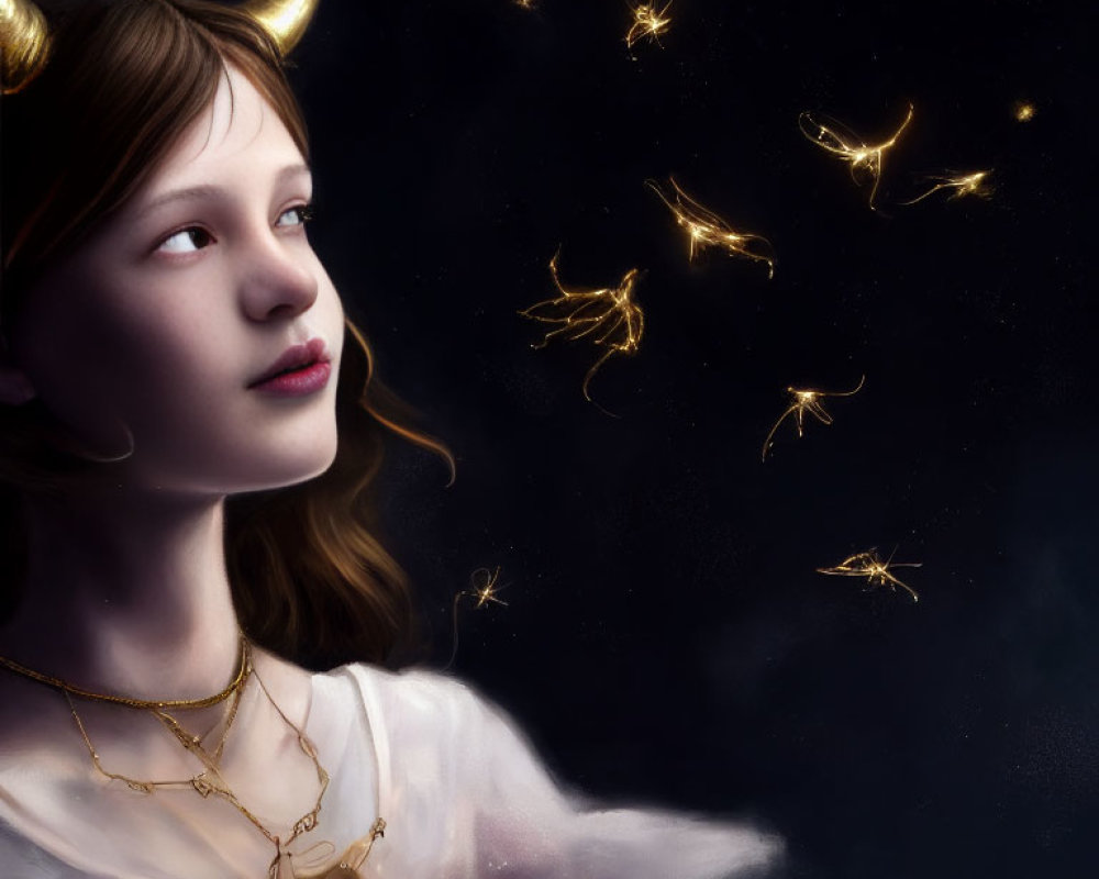 Girl with Horn Accessories Surrounded by Golden Fairies in Starry Background