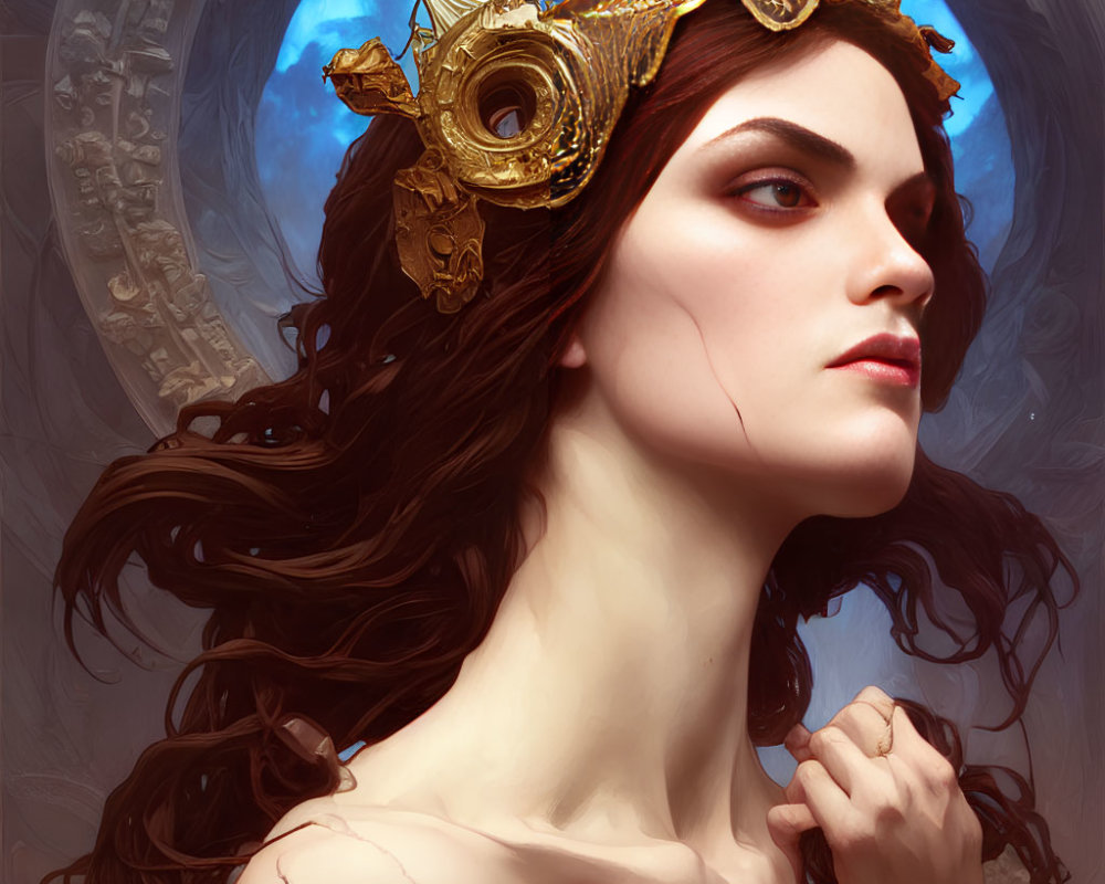 Illustrated woman with golden crown and intricate gears on blue moon background