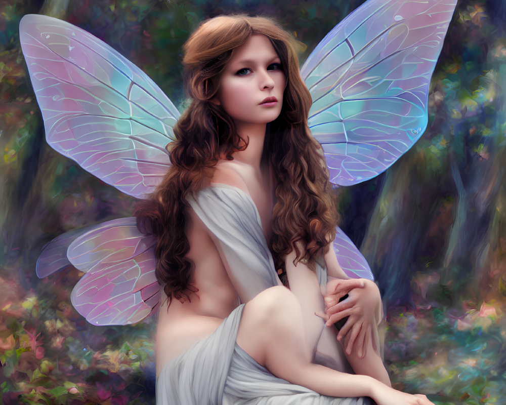 Fantastical winged woman in enchanted forest with flowing white dress