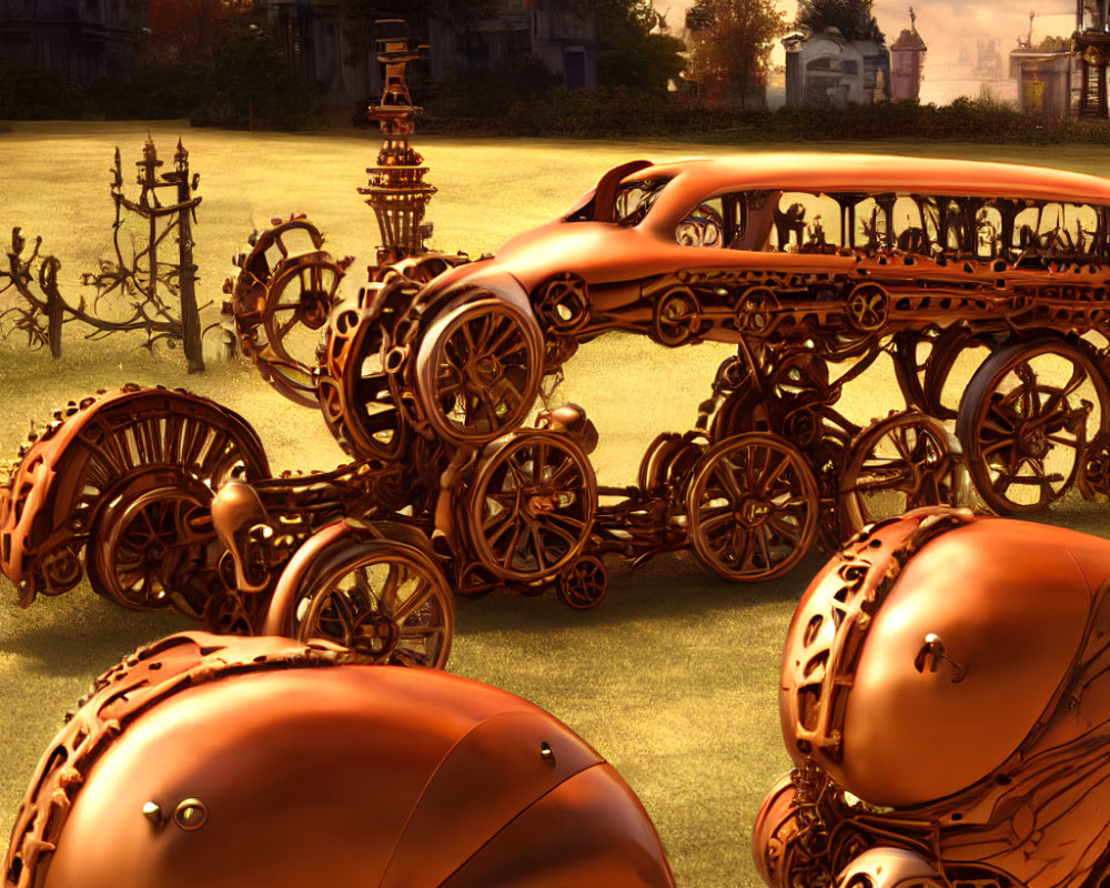 Fantasy Steampunk Scene with Bronze Vehicles and Old-Fashioned Architecture