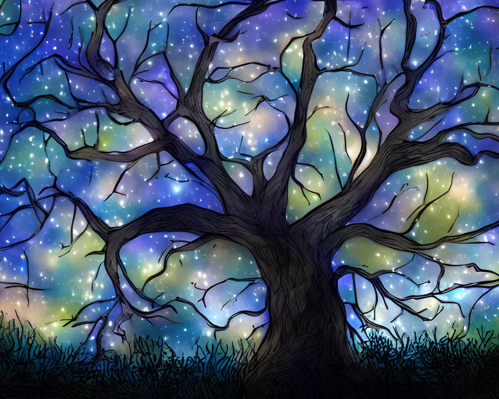 Mystical tree silhouette against starry night sky