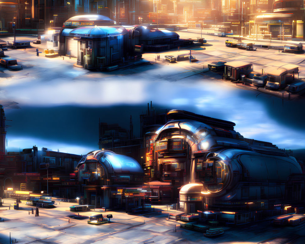 Futuristic Night Cityscape with Blue Illuminated Buildings