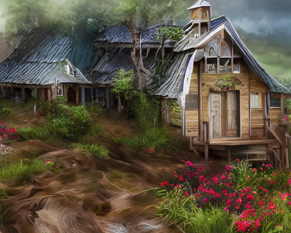 Rustic wooden houses near turbulent river in mountain landscape with red flowers under stormy sky