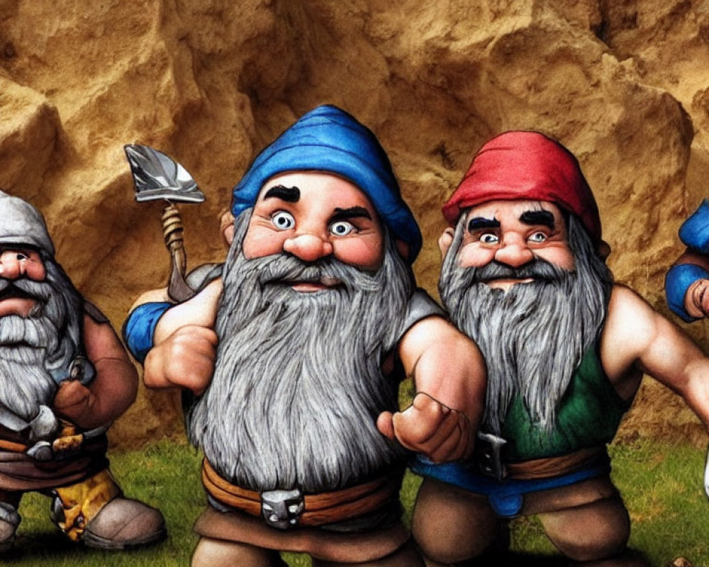 Colorful tunics and caps: Three animated dwarfs with beards on sandy background