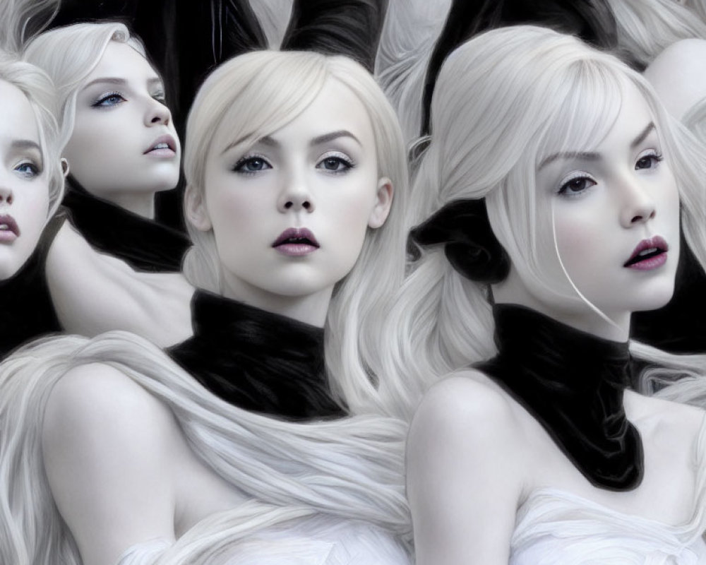 Multiple pale, white-haired women in dark attire for striking contrast
