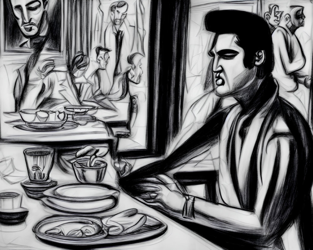 Monochrome sketch of stylized man resembling Elvis Presley in cafe scene