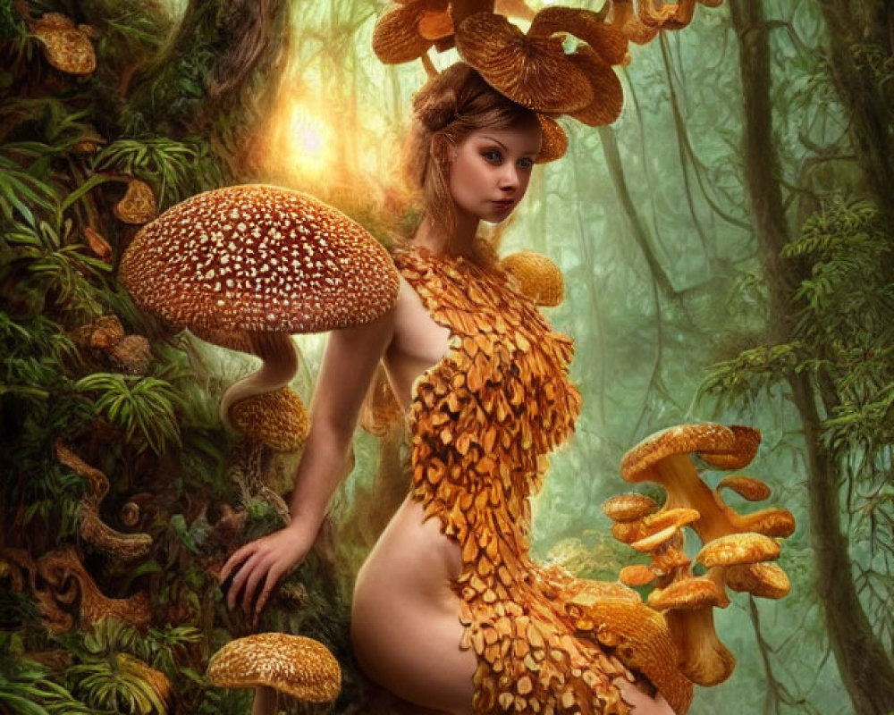 Fantastical female figure with mushroom features in enchanted forest landscape