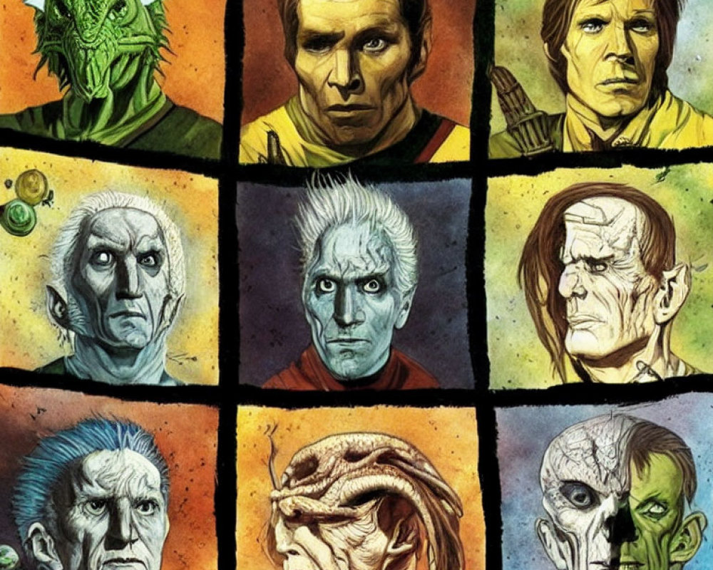 Nine Watercolor Portraits of Alien and Humanoid Characters in Sci-Fi Style
