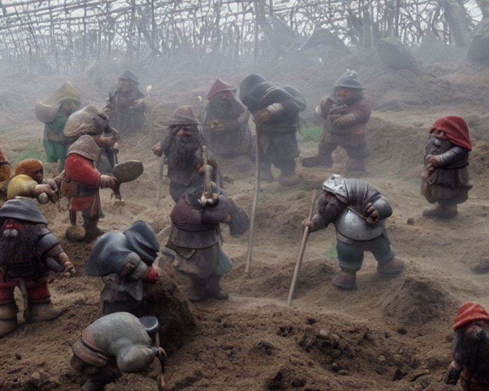 Fantastical dwarf figurines in misty setting with tools