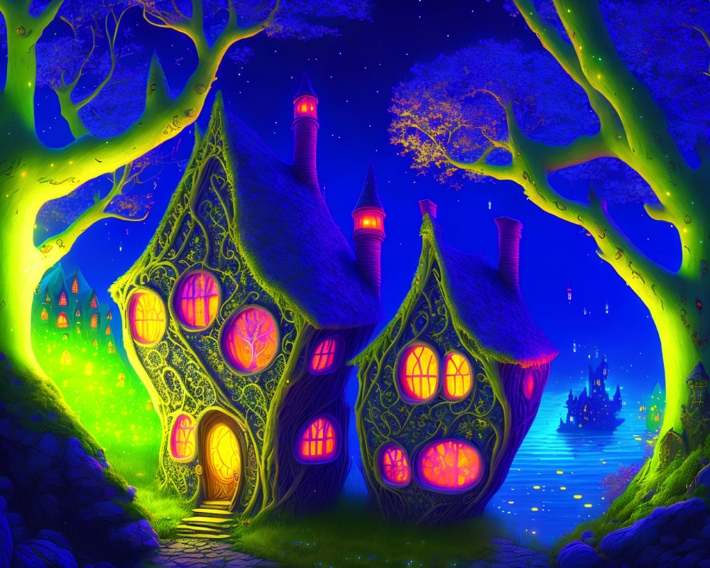 Fantasy illustration of whimsical cottage, glowing trees, and distant castle