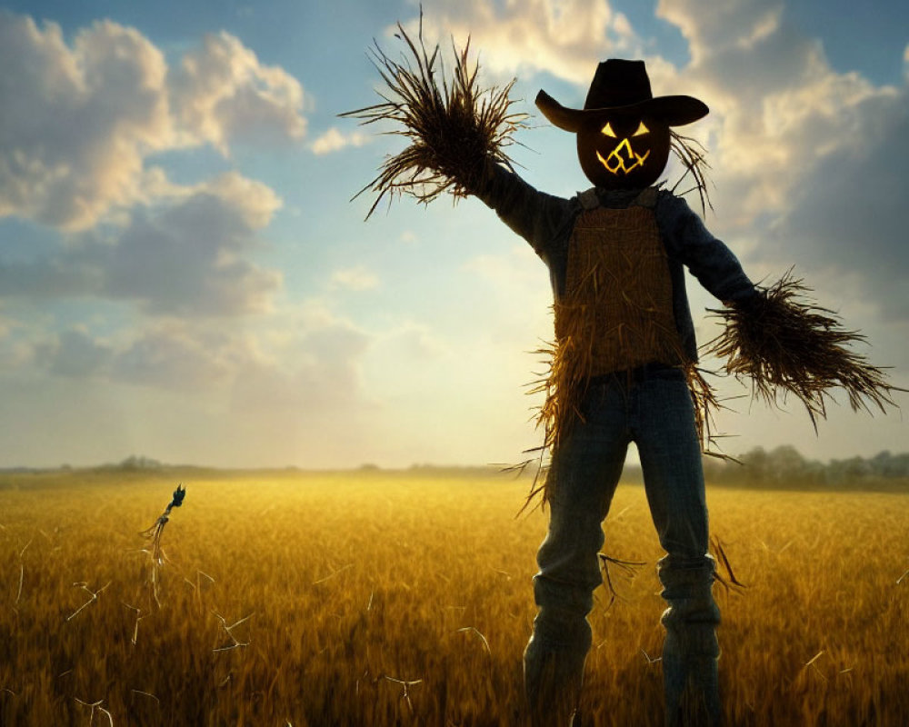 Scarecrow with glowing jack-o'-lantern face in golden field