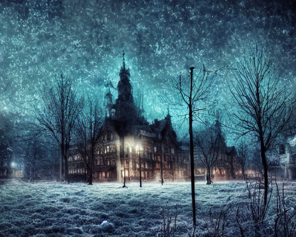 Ethereal night scene with frost-covered field and illuminated old building