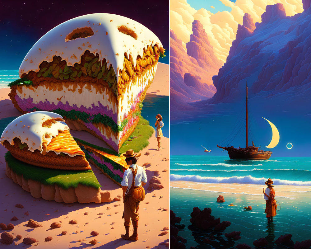 Surreal landscapes: Giant sandwiches on beach & sailboat under crescent moon.