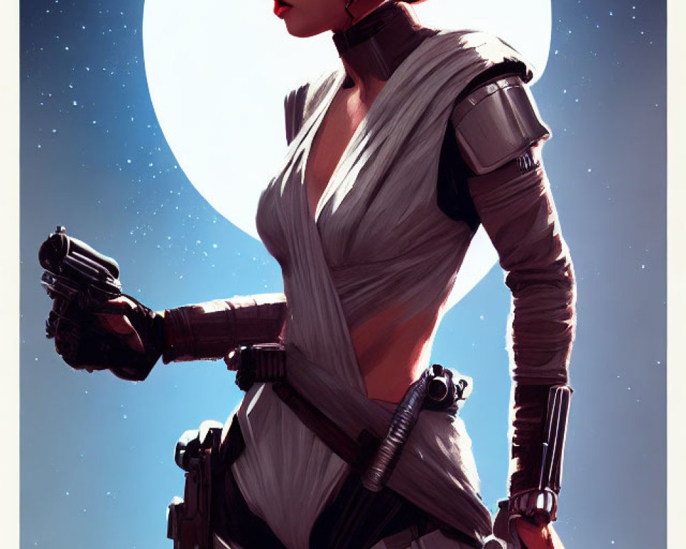 Female sci-fi character with blaster in hand in futuristic attire against moon backdrop