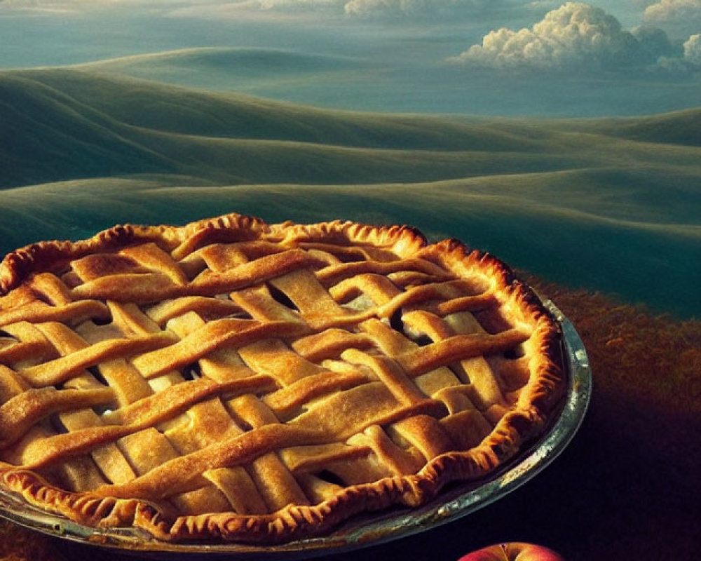 Apple Pie with Lattice Crust on Sunset Landscape
