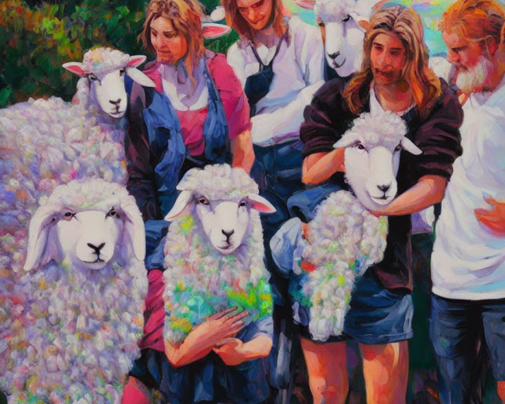 Colorful Impressionistic Painting of People Tending Sheep