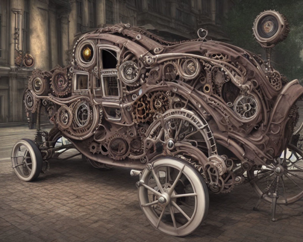 Steampunk-styled Carriage with Gears on Foggy Street
