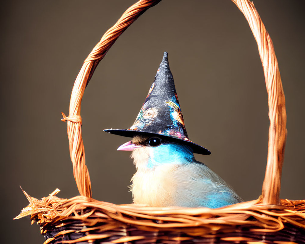 Bluebird in festive wizard hat perched in wicker basket on neutral backdrop