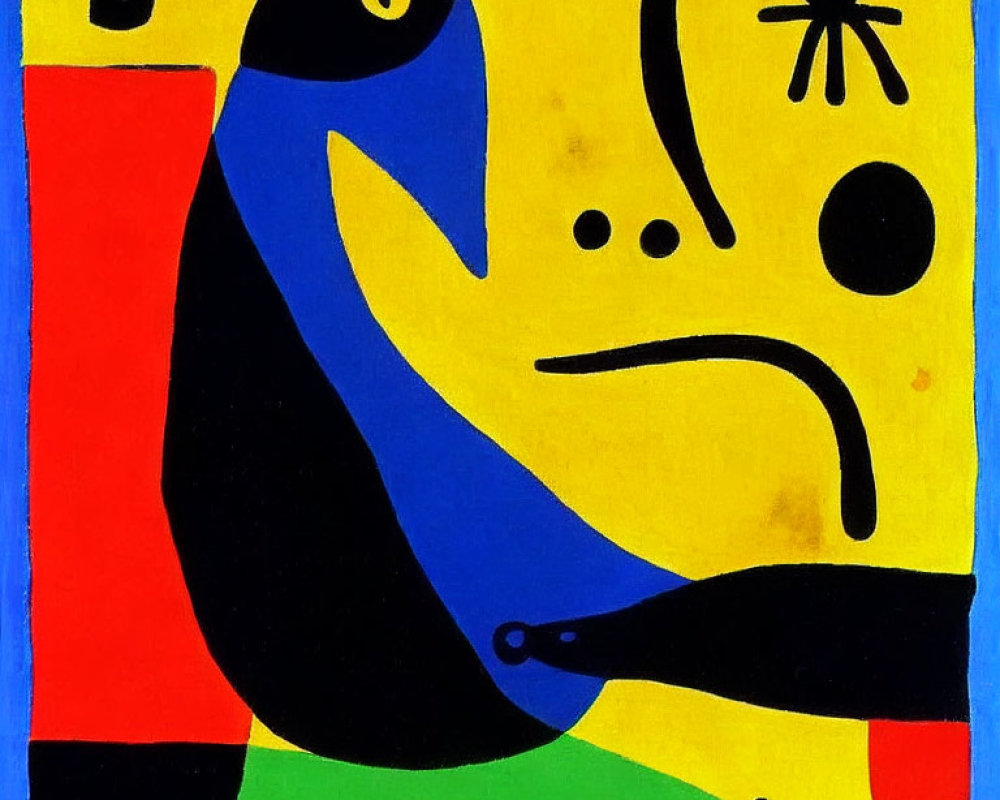 Vibrant abstract painting with bold colors and simplistic facial features and symbols