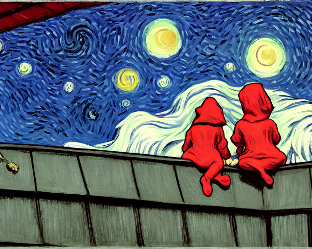 Three children on wall under starry night sky inspired by Van Gogh