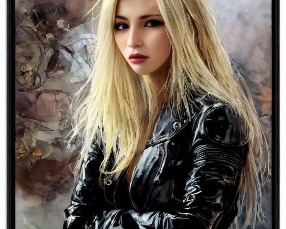 Blonde Woman Portrait in Black Leather Jacket