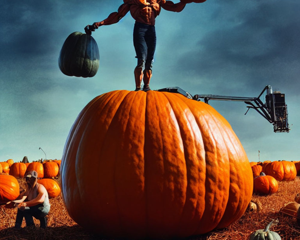 Muscular person on giant pumpkin in field with overcast skies