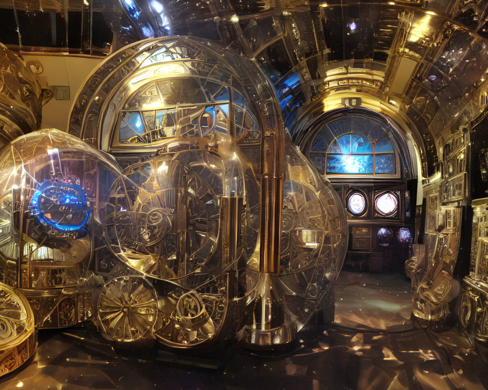 Intricate steampunk room with metallic gears, glass portals, and glowing screens