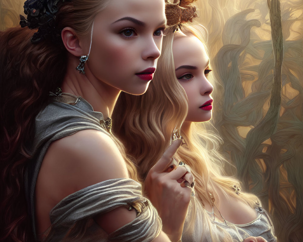 Ethereal women with elaborate hairstyles in fantasy attire in mystic forest