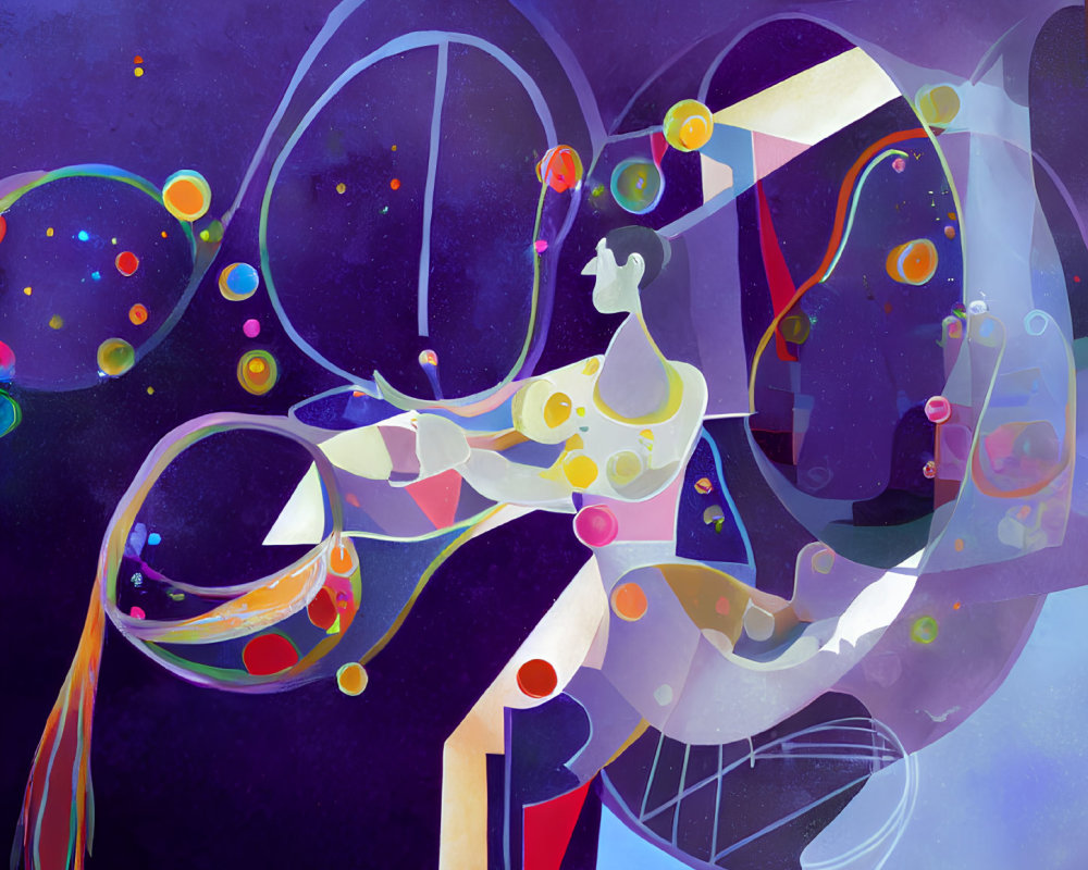 Colorful Artwork: Person merging with abstract shapes and bubbles