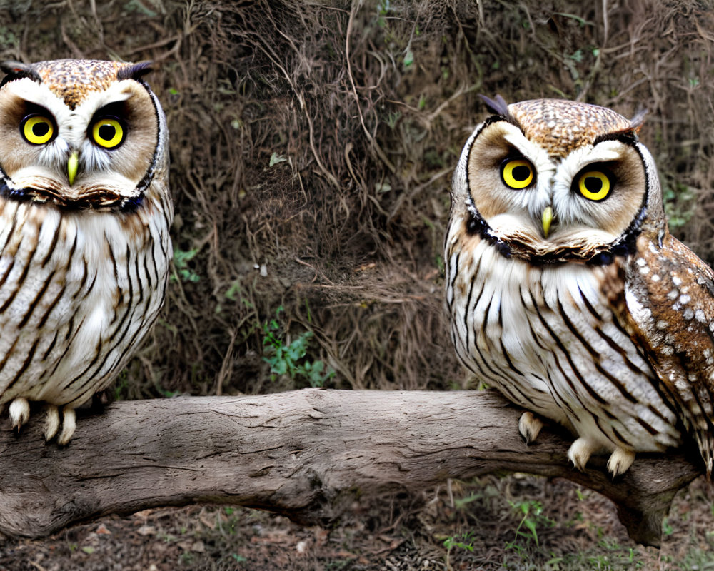 Two owls perched on tree branch with yellow eyes and brown-white plumage