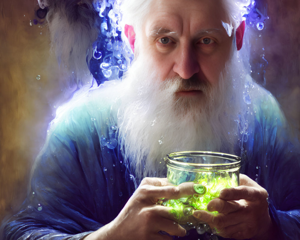 Elderly wizard with glowing green potion and magical wisps.