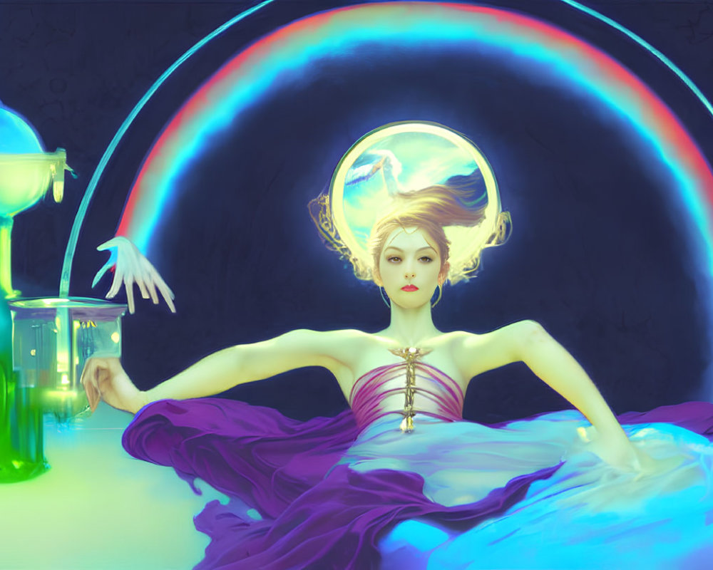 Surreal digital artwork: Woman with glowing halo, fantastical glassware, neon-lit backdrop