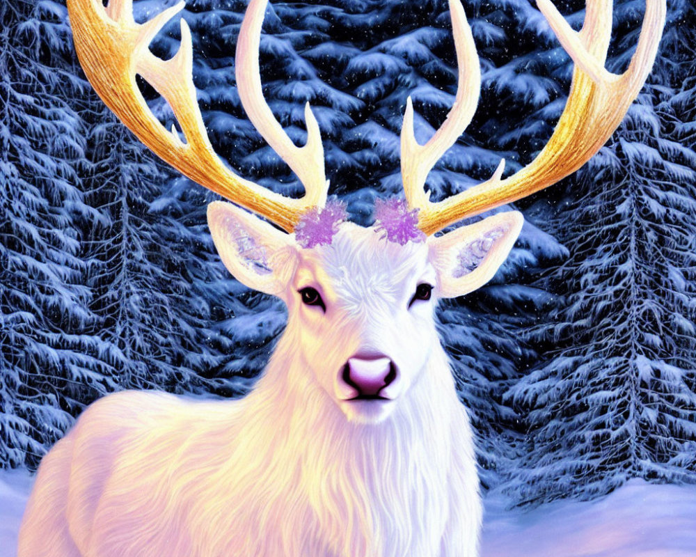 Majestic white stag with golden antlers in wintry forest landscape