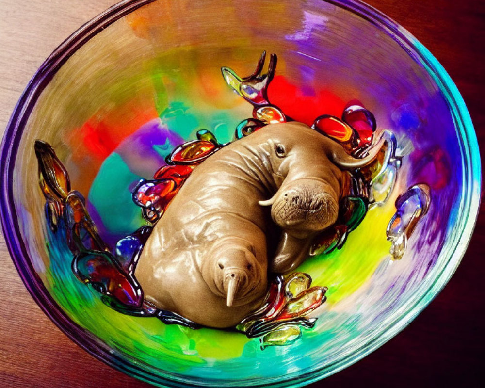 Vibrant glass bowl with walrus figurine and colorful stones on wood surface