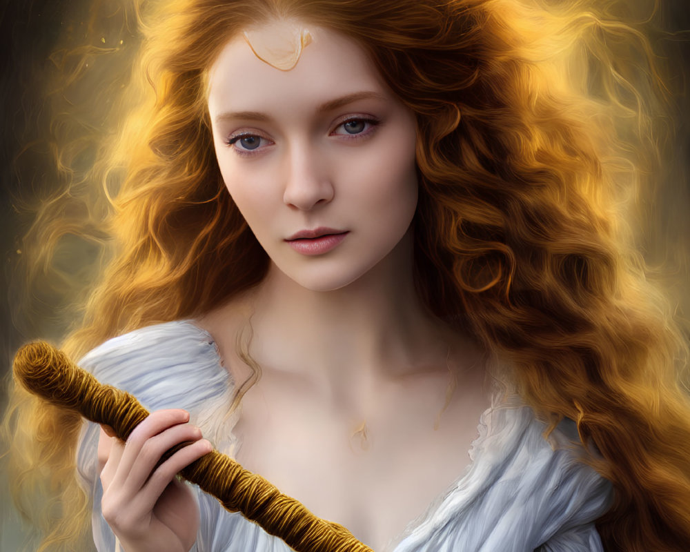 Digital portrait of a woman with long wavy red hair holding a golden staff in a white dress with