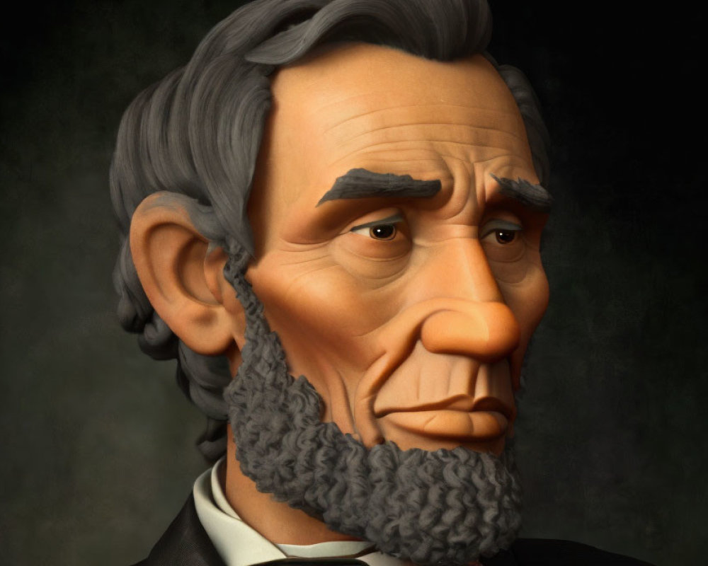 Stylized digital portrait of Abraham Lincoln with chin beard, dark suit, on dark background