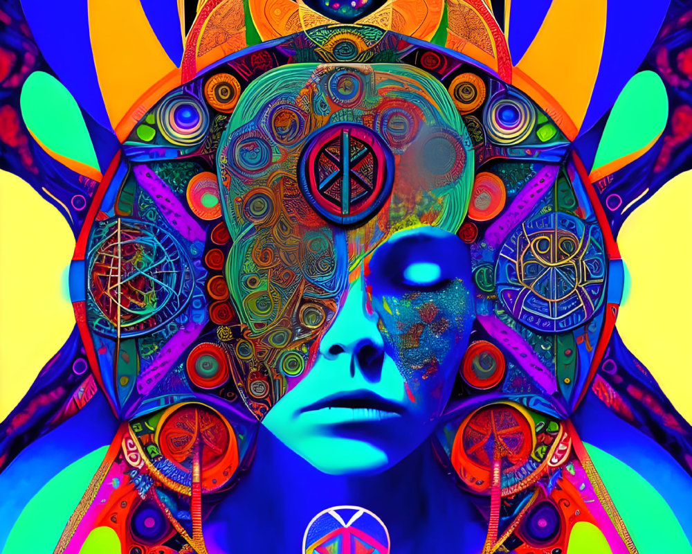Colorful Psychedelic Digital Art: Blue-faced Figure & Mandalas