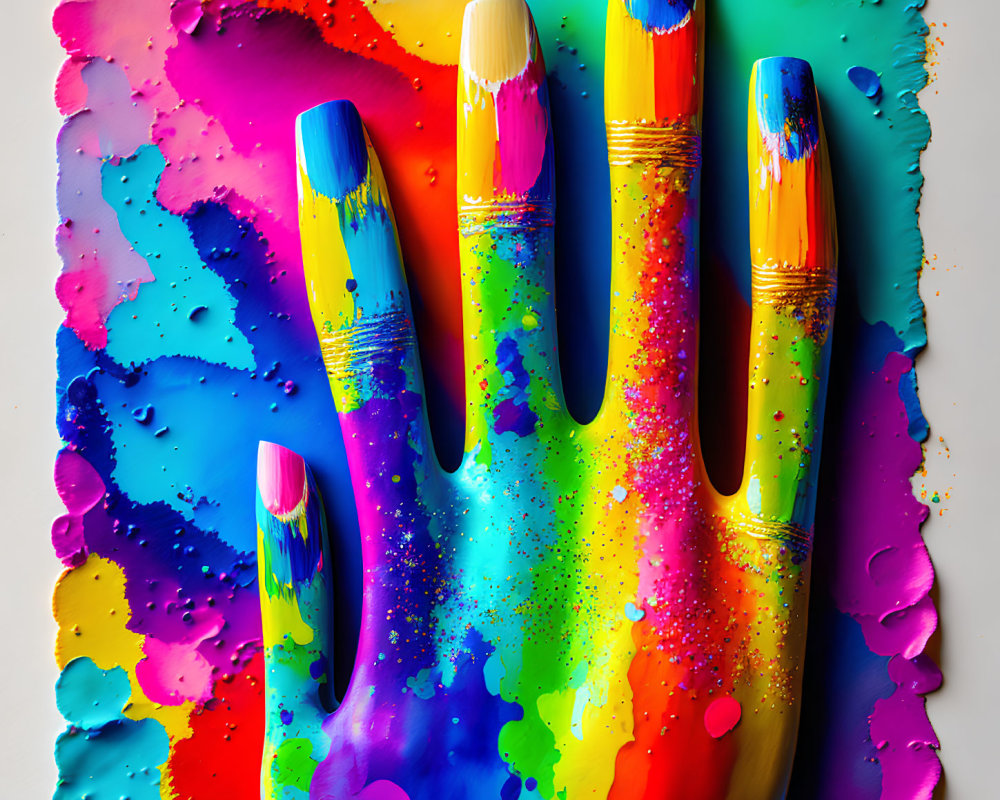 Colorful paint-splattered hand against vibrant backdrop